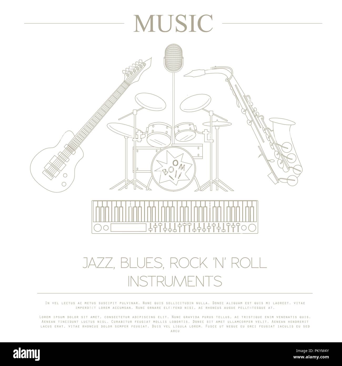 Musical instruments graphic template.Jazz, blues, rock`n`roll band